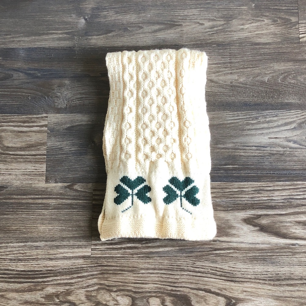 Aran Crafts Merino Wool Clover Scarf Cable Knit Cream